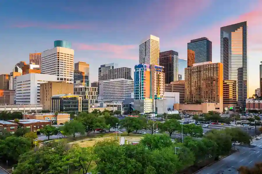Houston, Texas, USA downtown park and skyline at twilight. 